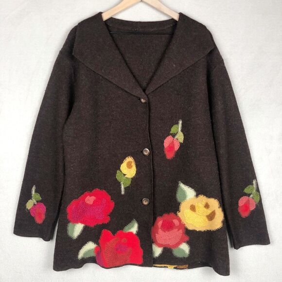 Susan Bristol Sweaters - SUSAN BRISTOL Embroidered Felted Wool Jacket Sz XL Brown Knit‎ Flowers Sweater